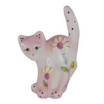 Fenton Pink Rosalene Glass Scaredy Cat Figurine Hand Painted Flowers Signed - $89.99