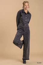 Black Mid button down stone wash wide leg distressed jumpsuit &amp; side poc... - $39.00