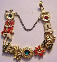 Vintage Christmas Slide Bracelet W/ Safety Chain Jewels &amp; Charms - £73.35 GBP