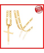 Men&#39;s Stainless Steel Gold Cross Necklace - 24-Inch Figaro Chain, Hypoal... - $568.83 MXN