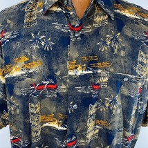 Crossings Aloha Hawaiian Large Men Shirt Tiki Mugs Out Riggers Palm Trees Island - £31.96 GBP