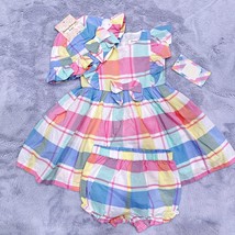 Tommy Bahama Gingham Plaid 3 Piece Dress Outfit Set Pink Blue Hat Baby Girl 6-9M - £32.14 GBP