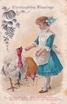 Thanksgiving Blessings Embossed Postcard Girl Feeds Turkeys Postcard D47 - £2.38 GBP