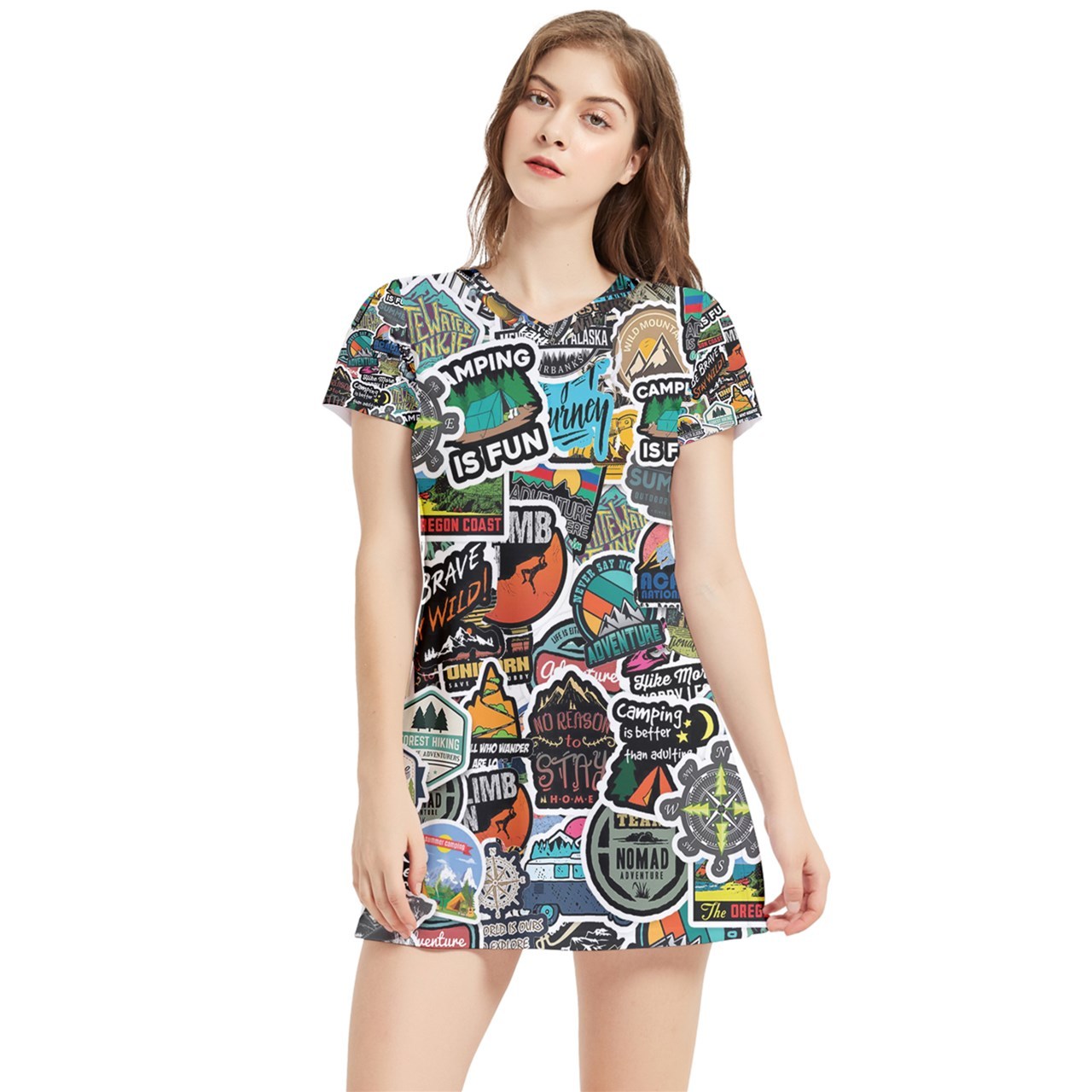 Outdoor Camping Sticker Bomb Streetwear Design Sexy Short Sleeve V-Neck ... - $32.99