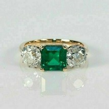 3 Ct Asscher Emerald &amp; Diamond 3-Stone Art Deco Wedding Ring 14k White Gold Over - £81.92 GBP