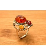 Whimsical Baltic Amber Ring in Sterling Silver | Unique Design &amp; Honey-C... - £51.01 GBP