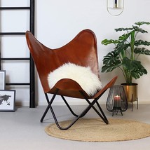 Brown Vintage Leather Arm Butterfly Chair | Genuine Tan Leather Butterfly Chair - £129.98 GBP