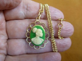 CA30-100 RARE African American LADY green + ivory CAMEO brass Pendant necklace - £19.85 GBP