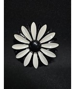 Vintage Large Enamel Flower Brooch Black White Daisy Pin Mod 1960s Jewelry - $36.56 CAD