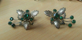 Vintage Stunning Gold-tone Green Faceted Prong Set Rhinestone Flower Ear... - $64.34