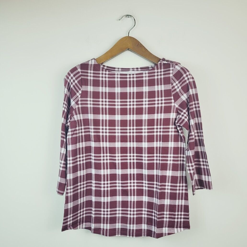Charter Club Womens Medium Harvest Wine Cotton Plaid 3/4 Sleeve Top NWT I33 - $8.82