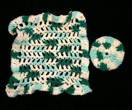 Variegated Green Handmade Crocheted Washcloth and Scrubby - $12.00