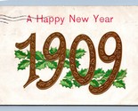 Happy New Year 1909 Holly Gilt Embossed DB Postcard L13 - $4.90