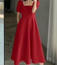 Square Neck Tea Long Lantern Sleeves Satin Evening Dress Modern Party Dress - $108.00