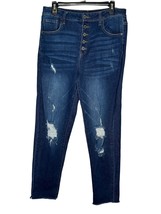 Risen Womens Jeans Button Fly Distressed High-Rise Raw Hem Denim Blue Sz... - $29.69