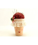 Hand Made Glamour Girl Pin Cushion, Clay Flower Pot w/Lace, Painted Face - $26.79 CAD