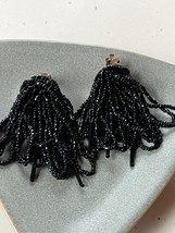Vintage Large &amp; Long Tiny Black Glass Bead Loopy Dangle Clip Earrings – - $18.52