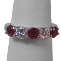 1.35 Carat 5-Stone Ruby and Diamond Solid Sterling Silver Wedding Band Ring - £59.09 GBP