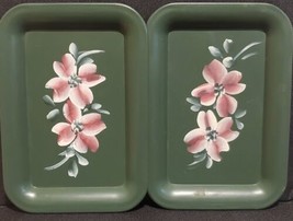 Pair Of Dark Green Tole Tip Trays Floral Pink Flower 5&quot; X 6.5&quot; Vintage Set Of 2 - £11.94 GBP