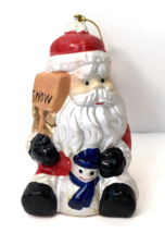 Vintage Christmas Tree Ornament Santa Holding Snow Sign with Snowman Cer... - $10.00