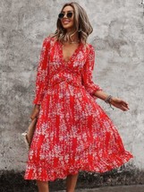 allbrand365 Womens Ditsy Floral Deep V-Neck Ruffle Hem Dress Size Large, Red - £67.26 GBP