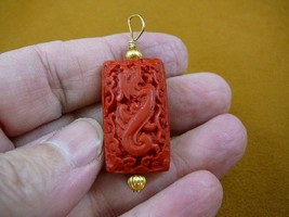 J-1) RED CINNABAR Pendant necklace carved wood lacquer flower bead loop ... - $12.19