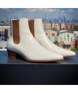 New Handmade White Leather Slip On Side Elastic Stylish Chelsea Boots fo... - £124.18 GBP