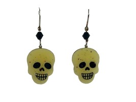 Scary Skull Earrings Silver Tone Cream Black Enamel Glitter Smiling Hooks 1.5&quot; - £9.36 GBP