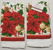 2 Same Kitchen Terry Towels (15&quot; X 25&quot;) Christmas Tree Ornaments &amp; Poinsettia Ho - £19.16 GBP