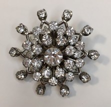 Vintage Prong Set Brooch Pin Sparkling White / Clear Rhinestone Silver Tone - £15.71 GBP
