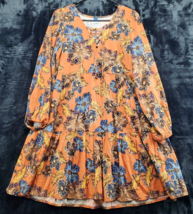 Old Navy Sheath Dress Womens Small Orange Floral Long Sleeve V Neck Drawstring - £14.06 GBP