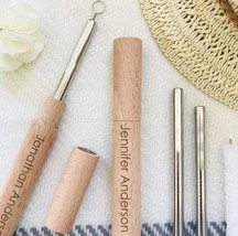 Reusable Stainless Steel Set of Drinking Straws w/ Personalized Wooden Case - $4.99