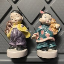 Oriental Asian Girl And Boy With Cat And Dog Porcelain Figurines Vintage 1950s - $17.99