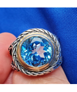 Vintage Designer 14K GOLD &amp; SERLING SILVER 925 London Blue Topaz RING Si... - $470.25