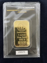 Gold Bar 31.10 Grams Argor Heraeus 1 Ounce Fine Gold 999.9 In Sealed Assay - £1,682.71 GBP