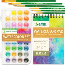 Norberg Linden Watercolor Paint Set 36 Premium Paints 12 Page Pad 6 Brus... - £29.08 GBP