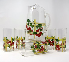 50s Large Glass Pitcher &amp; 5 Tumblers Hand-painted Cherries Grandma Chic - £76.03 GBP