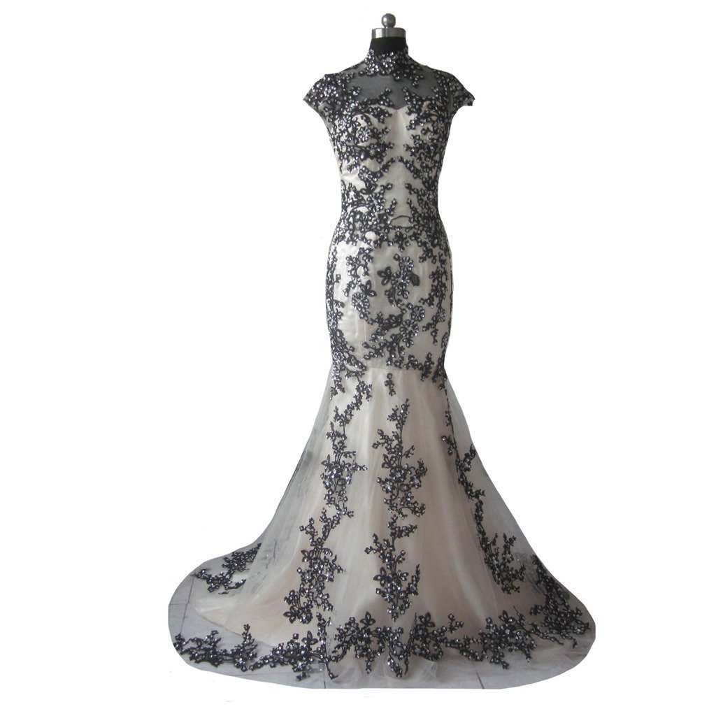 Kivary Mermaid Vintage Sheer High Neck Champagne and Black Prom Evening Dresses