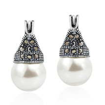 10mm White Pearl &amp; Pyrite Studded Crown Sterling Silver Dangle Earrings - £14.75 GBP