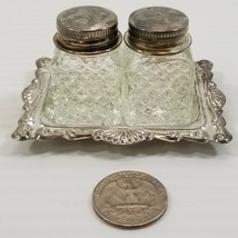 AP) Vintage Mini Criss Cross Cut Glass Salt Pepper Shakers Silver Plated Tray  - £7.95 GBP