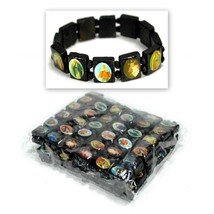 LOT OF 12 SAINT BEAD BRACELET Black Wood Religious Icon Catholic Stretch... - $19.95