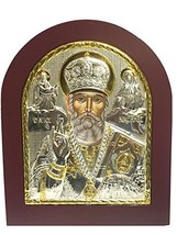 Saint Nicholas Byzantine Icon Sterling Silver 925 Treated With Gold 24x19 - $65.56