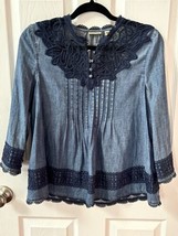 Holding Horses Anthropologie Blue  Chambray Crochet Lace Pleated Peasant Size 2 - £22.15 GBP