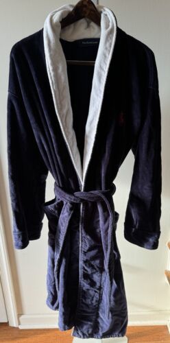 Polo Ralph Lauren Bathrobe Mens OSFM Blue Cotton Belted Terry Red Pony 2 Pockets - $74.44