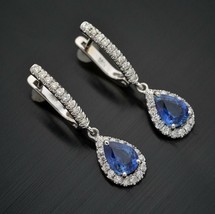2.50Ct Pear Cut Simulated Blue Sapphire 925 Sterling Silver Drop Dangle Earrings - £147.61 GBP