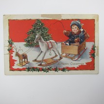 Antique Christmas Postcard Boy Sled Rocking Horse Deer Tree Whitney Embossed - £6.27 GBP