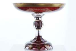 Antique Bohemian Ruby Flashed Cut overlay glass compote with heavy gold - $277.20