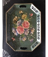 Large Vintage Metal Tole Tray Hand Painted Floral 1940s Green Nashco Tol... - €59,66 EUR