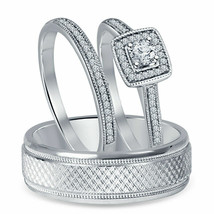 His Her 2 Ct Moissanite 14K White Gold Plated Engagement Band Trio Ring Set - £310.70 GBP