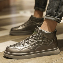 New Men&#39;s Fashion PU High-top Casual Sports Shoes Flat-bottomed Comfortable Lace - £44.14 GBP